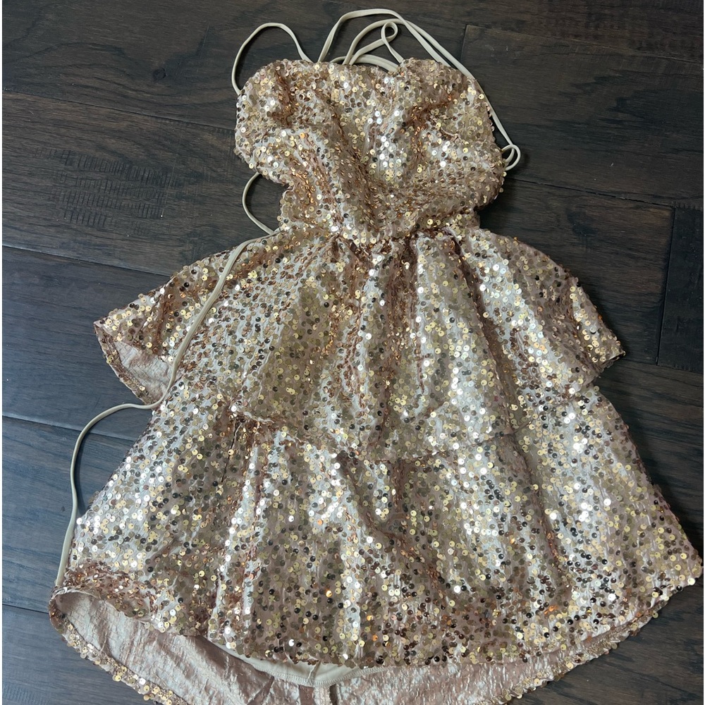 Lucy In The Sky Aspen Gold Sequin Lace Up Dress